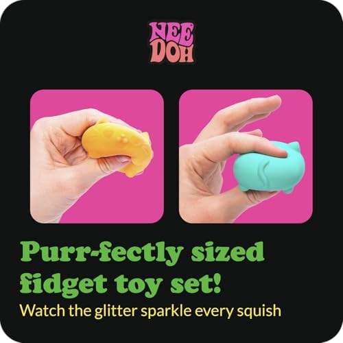 Hand squeezing a purple 1.5 inch wide mini cat groovy glob