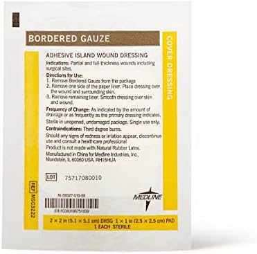 Back view of the sterile individually wrapped two by two inch island dressing package.