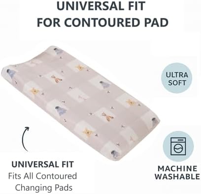 Contoured diaper changing table cover fitted on a standard nursery changing mattress.