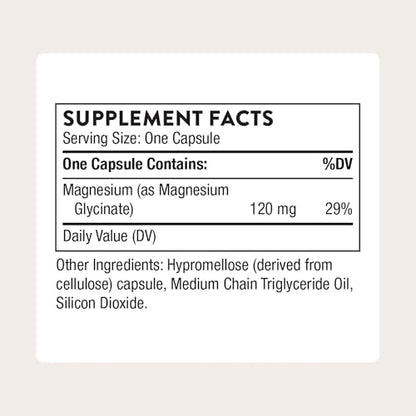 Thorne Magnesium Bisglycinate supplement side panel showing supplement facts and ingredient list.