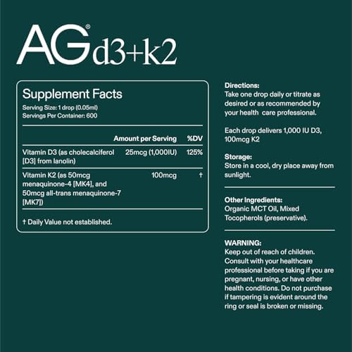 Label close-up of AG1 Vitamin D3 K2 supplement facts