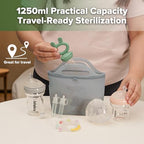 Parent using Haakaa silicone steamer bag for baby bottles in kitchen