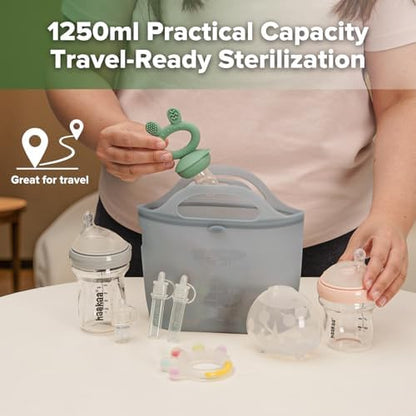 Parent using Haakaa silicone steamer bag for baby bottles in kitchen