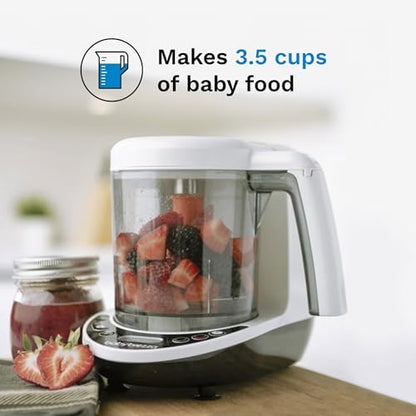 Baby Brezza baby food maker bowl filled with smooth organic fruit puree after the automatic blending cycle