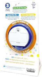 Handheld electronic fidget popping toy with multi-colored lights active.