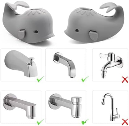 CDKMAX grey whale bath spout protective cover hanging to dry by its convenient tail hook.