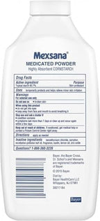 Close up of 6 ounce bottle labeling showing corn starch formula and odor protection details.
