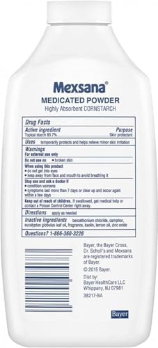Close up of 6 ounce bottle labeling showing corn starch formula and odor protection details.