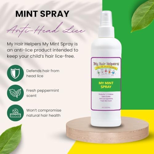 My Hair Helpers mint scented hair detangler and lice repellent spray bottle.