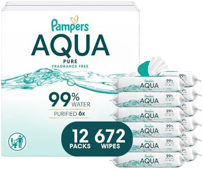 Pampers Baby Wipes Aqua Pure, 99% water-based wipes, Hypoallergenic and Unscented Baby Wipes, 672 Wipes Total (12 Flip-Top Packs) - Image 2