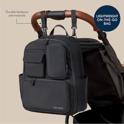 Itzy Ritzy Belong Utility Diaper Bag Backpack mounted on stroller using integrated straps