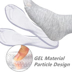Discreet silicone arch cushions placed inside a woman's flip flop sandal.