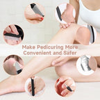 SilkGlow pedicure device packaging layout showing the portable storage bag and USB charging accessories included in the set.