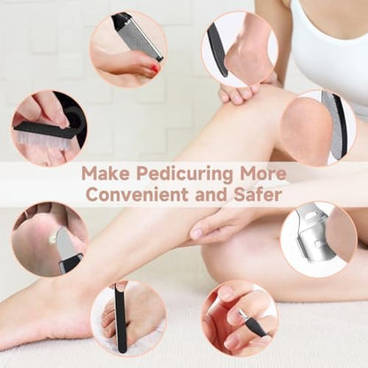 SilkGlow pedicure device packaging layout showing the portable storage bag and USB charging accessories included in the set.