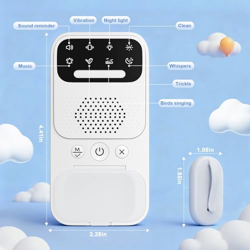 Portable rechargeable bedwetting alarm for deep sleepers with vibration mode.
