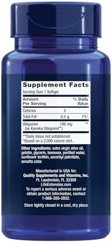 Life Extension CoQ10 supplement packaging showing enhanced mitochondrial support active ingredients