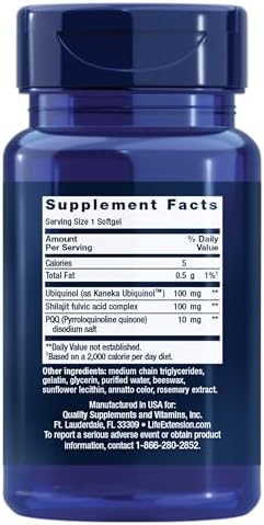 Life Extension active ubiquinol coenzyme q10 supplement nutritional information and supplement facts panel