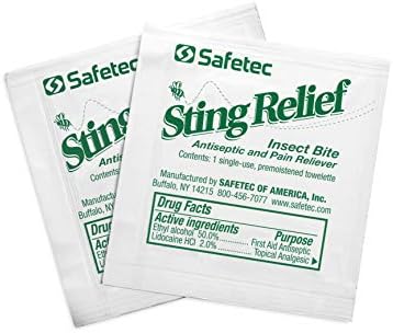 Bulk 150 count box of Safetec sting relief antiseptic towelettes.