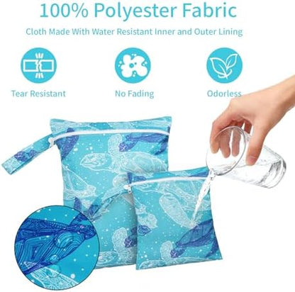 2 Pcs Wet Bags Waterproof Reusable Zippered Pocket Cloth Diaper Wet Dry Bags for Travel Beach Pool Swim, Baby Diapers,Gym Yoga Wet Clothes,Swimsuit,water wipes(Blue turtle) - Image 4