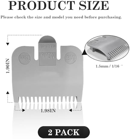 Two pack of grey half size clipper guide combs highlighting the secure attachment clip and teeth structure.