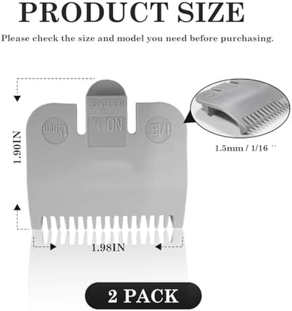 Two pack of grey half size clipper guide combs highlighting the secure attachment clip and teeth structure.