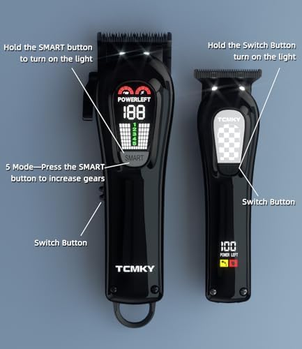 A side angle view of the dual TCMKY cordless clippers demonstrating the ergonomic grip and premium power toggle switches.