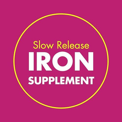 Side panel of Slow Fe high potency iron tablets showing the comprehensive list of ingredients and warnings