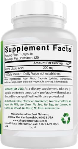 Best Naturals Alpha Lipoic Acid 200 mg supplement label details