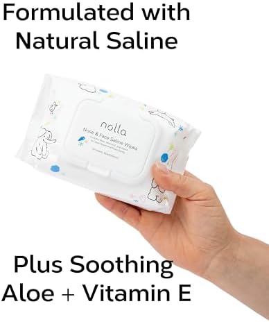 Nolla unscented saline wipes close up view highlighting the aloe and vitamin E ingredients.