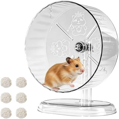 Clear quiet spinner hamster running wheel on its height adjustable stand.