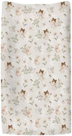 Close up of the watercolor fairy and bird illustration on the nursery changing pad cover.