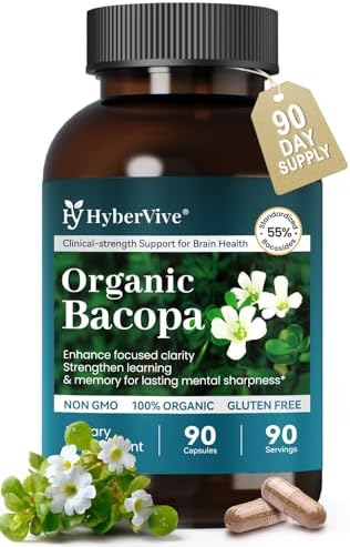 HyberVive Bacopa Monnieri supplement 90 capsules packaging highlighting 55 percent high potency bacosides.