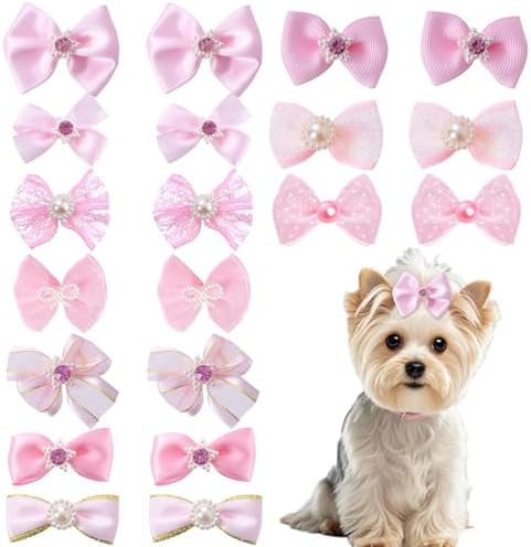 Close up of Pistha handmade pet hair bows with pearls