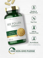 Carlyle Bee Pollen 200 caplets bottle next to a natural beehive graphic