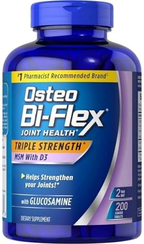 Osteo Bi-Flex Triple Strength supplement 200 tablets packaging displaying Vitamin D3 and MSM ingredients.