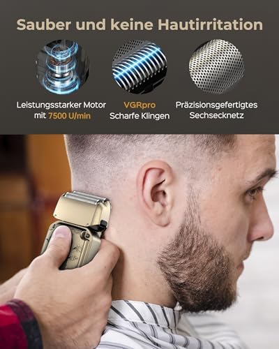 VGRPRO waterproof electric foil shaver for clean face and neck shaving