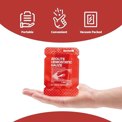 SurviveX professional grade trauma kit hemostatic dressing showing product specifications.