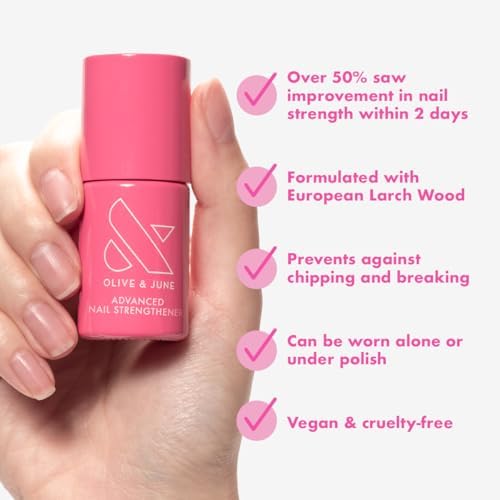 Close up of Olive and June nail strengthener packaging and label