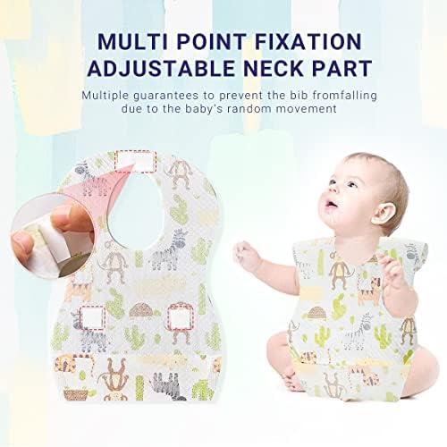Flip out food catching crumb pocket at the bottom of the disposable infant bib showing depth