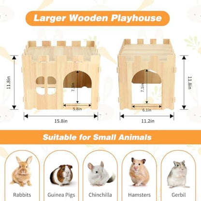 BWOGUE Large Wooden Rabbit House and Hideouts Bunny Castle Detachable Small Animal Play Hideaway Rabbit Hideout Cage Accessories for Indoor Adult Rabbit Guinea Pig Chinchilla Habitat - Image 3