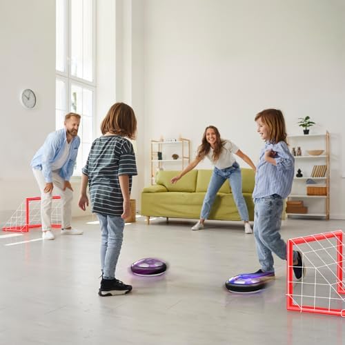 Children playing with the air suspension soccer ball set inside a living room