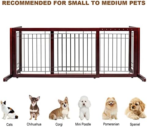 Adjustable wooden pet gate expanded across a wide living room doorway