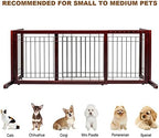 Adjustable wooden pet gate expanded across a wide living room doorway