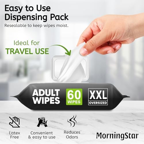 Morning Star extra large adult wet tissues package side view highlighting the aloe vera and vitamin E ingredients.