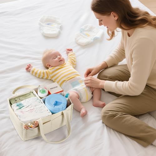 Jolensoy beige diaper caddy organizer filled with baby products
