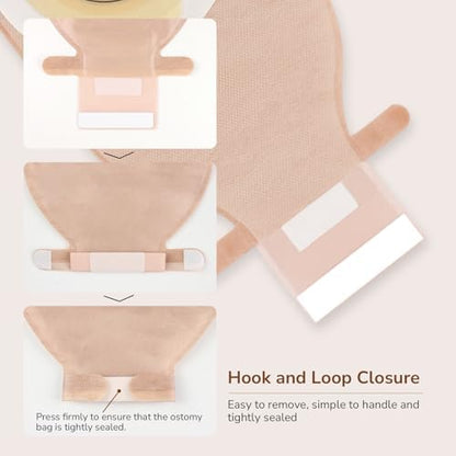 Heagimed cut to fit stoma care pouch demonstrating the integrated hook and loop clipless drainage closure mechanism