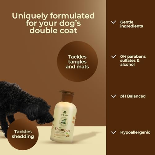 Pe4u grooming shampoo bottle next to a clean cat with a shiny coat