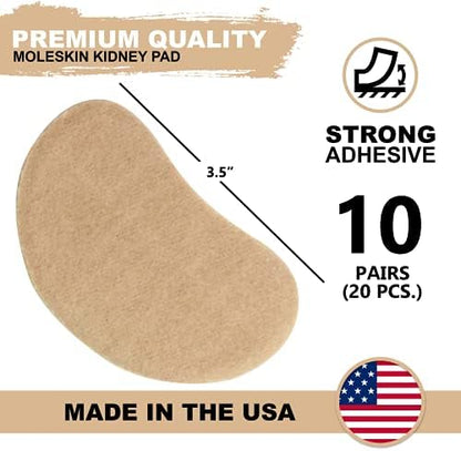 Precut kidney shaped moleskin metatarsal pads for heel friction relief.
