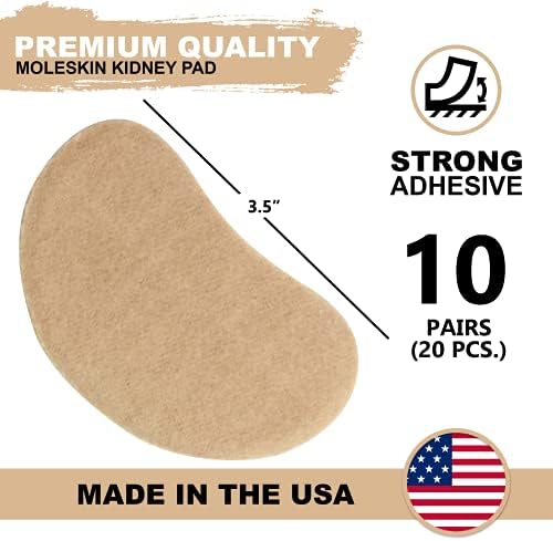 Precut kidney shaped moleskin metatarsal pads for heel friction relief.