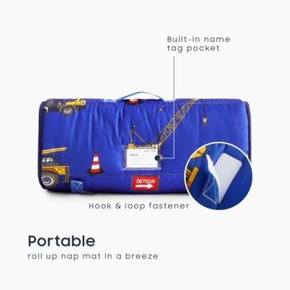 Close up view of the built-in name tag pocket on the blue construction vehicle toddler sleeping mat